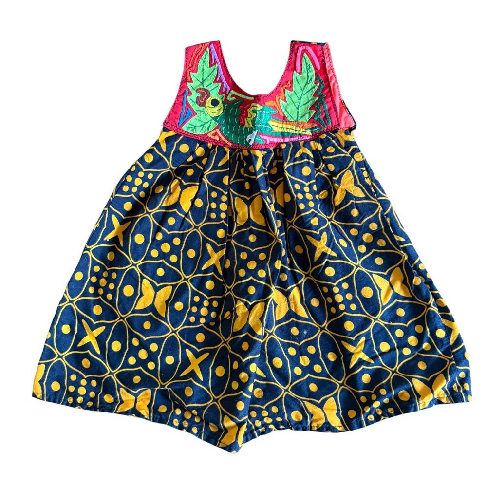 Handmade Toddler Dress With Embroidered Parrot Bodice & Geometric Yellow/Blue Sk
